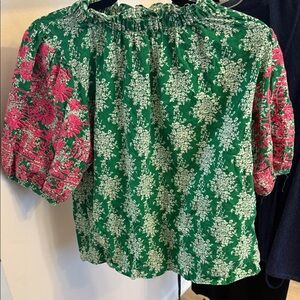 Green floral top with embroidered puff sleeves